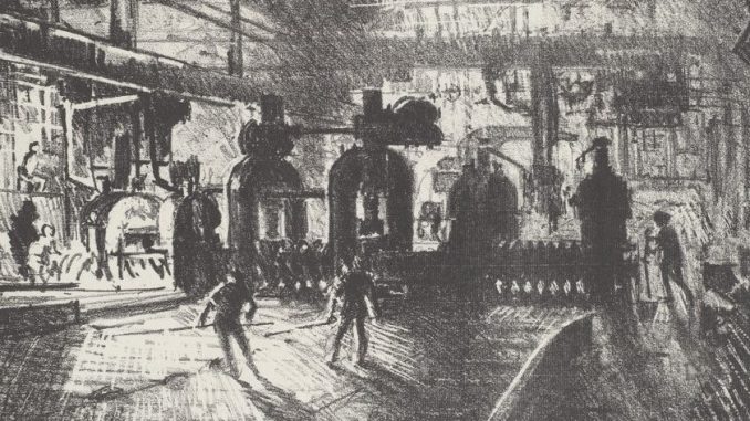Joseph Pennell, "In the Jaws of Death, Rolling Bars for Shells," lithograph, 1931, Rosenwald Collection, National Gallery of Art.