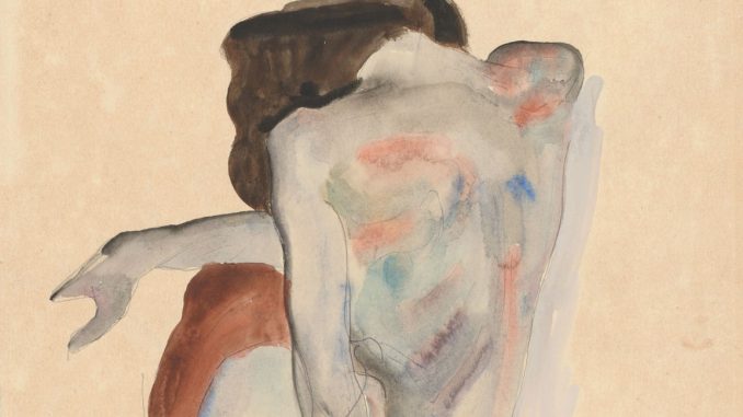 Egon Schiele, "Crouching Nude in Shoes and Black Stockings, Back View," watercolor, 1912, Bequest of Scofield Thayer, 1982, The Metropolitan Museum of Art. Egon Schiele, "Crouching Nude in Shoes and Black Stockings, Back View," watercolor, 1912, Bequest of Scofield Thayer, 1982, The Metropolitan Museum of Art.