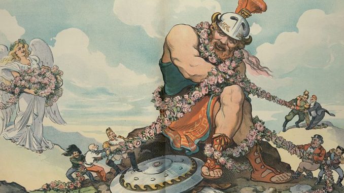 Udo J. Keppler, "The fettered war god," 20 August 1902, N.Y.: J. Ottmann Lith. Co., Puck Bldg., Library of Congress Prints and Photographs Division.