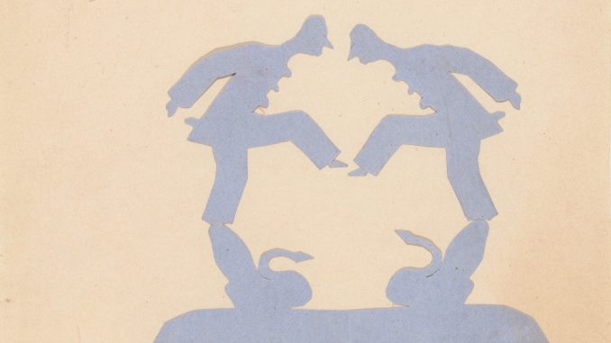 Hans Christian Andersen, "Two Pierrots Balancing on Swans and Two Dancers," cutout in blue paper mounted on an album sheet, 1820-75, Mary Martin Fund, The Metropolitan Museum of Art. Hans Christian Andersen, "Two Pierrots Balancing on Swans and Two Dancers," cutout in blue paper mounted on an album sheet, 1820-75, Mary Martin Fund, The Metropolitan Museum of Art.
