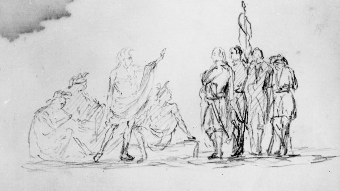 John Quincy Adams Ward, "Study for Treaty with Native Americans (from Sketchbook)," graphite on paper, ca. 1860, Gift of Edward R. Groves, 1985, The Metropolitan Museum of Art. John Quincy Adams Ward, "Study for Treaty with Native Americans (from Sketchbook)," graphite on paper, ca. 1860, Gift of Edward R. Groves, 1985, The Metropolitan Museum of Art.