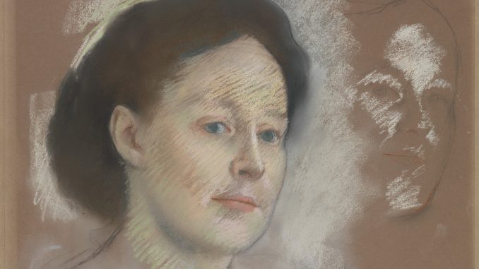 Edgar Degas, "The Artist's Cousin, Probably Mrs. William Bell (Mathilde Musson, 1841-1878)," pastel on green woven paper, now darkened to brown, 1873, H. O. Havemeyer Collection, Bequest of Mrs. H. O. Havemeyer, 1929, The Metropolitan Museum of Art.