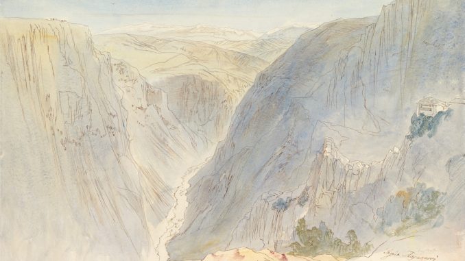 Edward Lear, "Agia Paraskevi, Epirus, Greece," graphite, pen and brown ink and watercolor, 1857, purchase, Brooke Russell Astor Bequest, 2013, The Metropolitan Museum of Art. Edward Lear, "Agia Paraskevi, Epirus, Greece," graphite, pen and brown ink and watercolor, 1857, purchase, Brooke Russell Astor Bequest, 2013, The Metropolitan Museum of Art.