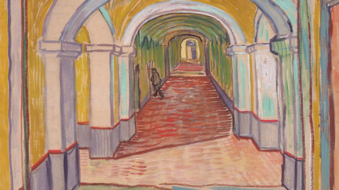 Vincent van Gogh, "Corridor in the Asylum," oil color and essence over black chalk on pink laid ("Ingres") paper, September 1889, Bequest of Abby Aldrich Rockefeller, 1948, The Metropolitan Museum of Art.