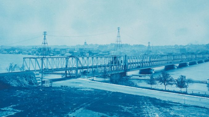 Henry P. Bosse, "No. 201. U.S. Government Bridge at Rock Island, Illinois (High Water)," cyanotype, 1888, gift of Charles Wehrenberg and Sally Larsen, 2014, The Metropolitan Museum of Art. Henry P. Bosse, "No. 201. U.S. Government Bridge at Rock Island, Illinois (High Water)," cyanotype, 1888, gift of Charles Wehrenberg and Sally Larsen, 2014, The Metropolitan Museum of Art.