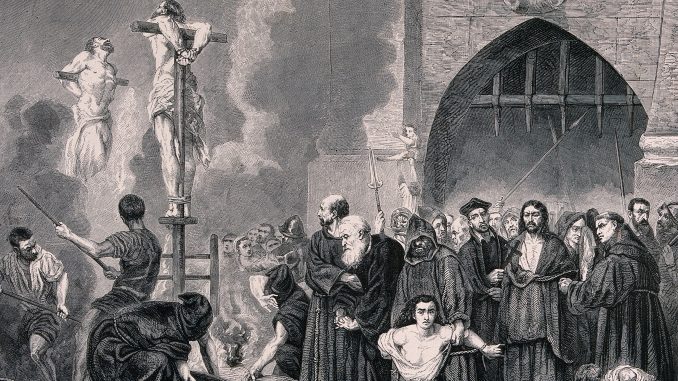 An auto-da-fé of the Spanish Inquisition: the burning of heretics in a market place. Wood engraving by H.D. Linton after Bocourt after T. Robert-Fleury. Wellcome Collection.