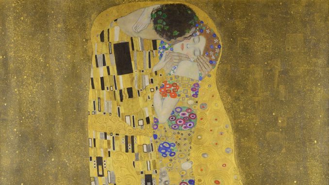 Gustav Klimt, "The Kiss," painting, 1907-1908, Österreichische Galerie Belvedere Museum.