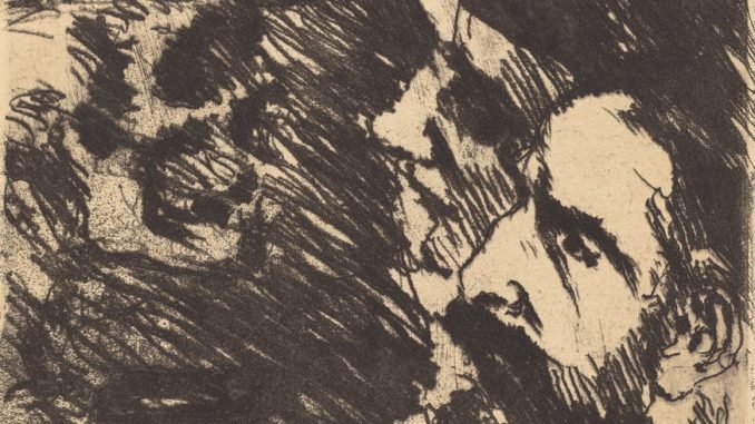 Lovis Corinth, "Death Visits the Strucks," softground etching in black on Japan paper, 1921, National Gallery of Art. Lovis Corinth, "Death Visits the Strucks," softground etching in black on Japan paper, 1921, National Gallery of Art.