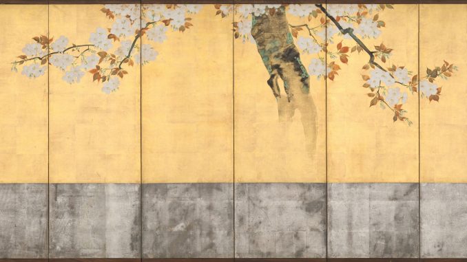Sakai Hōitsu, "Blossoming Cherry Trees," pair of six-panel folding screens; ink, color, and gold leaf on paper; ca. 1805. Mary Griggs Burke Collection. Gift of the Mary Jackson Burke Foundation, 2015. The Metropolitan Museum of Art. Sakai Hōitsu, "Blossoming Cherry Trees," pair of six-panel folding screens; ink, color, and gold leaf on paper; ca. 1805. Mary Griggs Burke Collection. Gift of the Mary Jackson Burke Foundation, 2015. The Metropolitan Museum of Art.